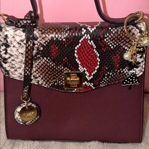 Dune London Burgundy Satchel with Snake-Print Flap